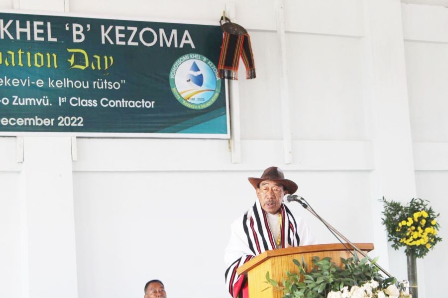 Keduo-o Zumvü, 1st Class Contractor speaking at the Yohotsomi Khel B, Kezoma Village Foundation day today. (Morung Photo)